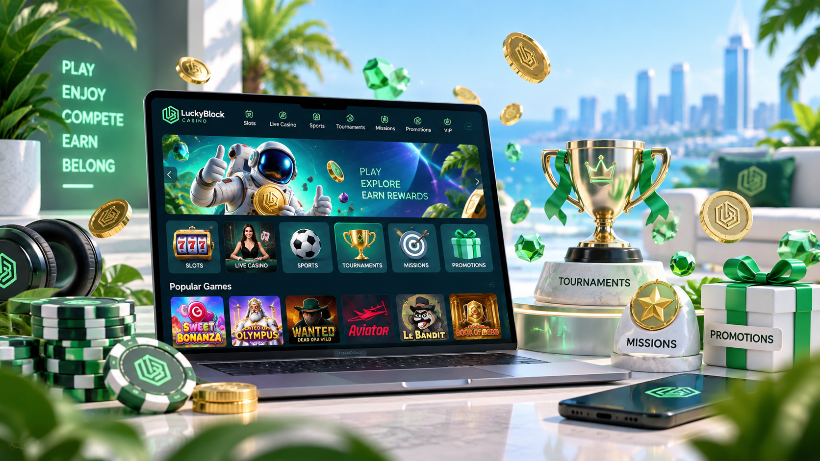 LuckyBlock Casino overview with casino games, rewards and online betting elements