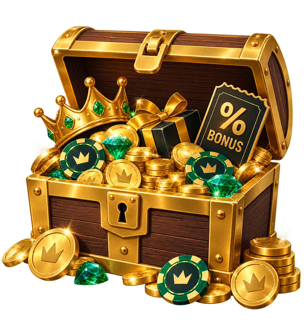 LuckyBlock Casino bonuses treasure chest with coins, gems and casino rewards