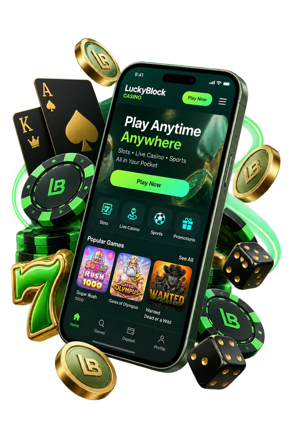 LuckyBlock Casino mobile experience with slots, live casino, sports and promotions